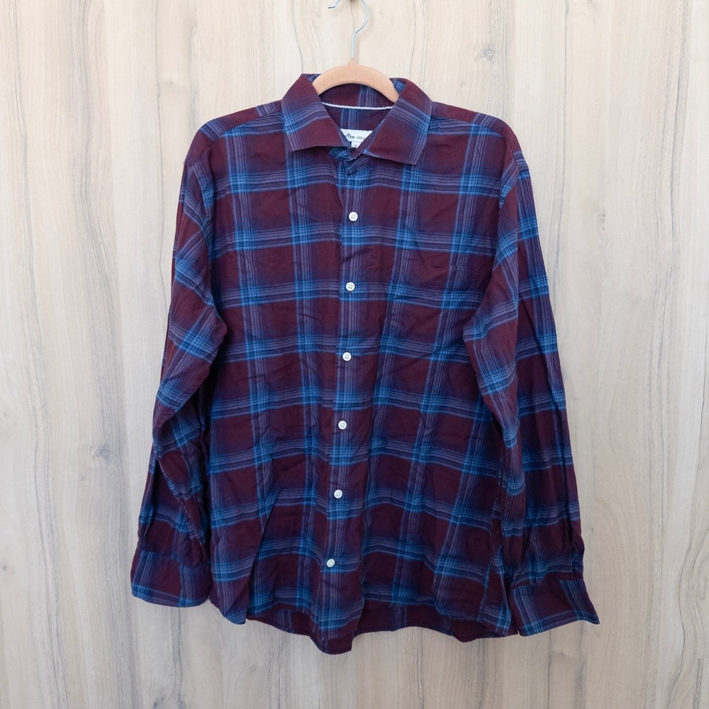 Peter Millar Mens Plaid Flannel Button Down Shirt L Burgundy Long Sleeve Preppy